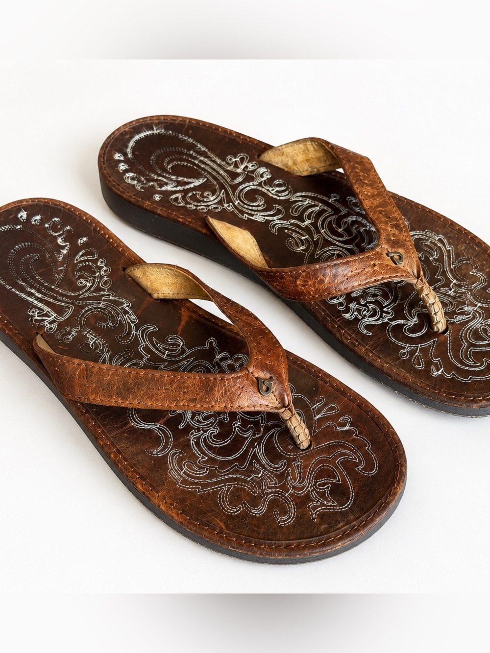 OluKai Paniolo Brown Leather Flip Flop Sandals W US 10 Hawaiian Comfort Thong